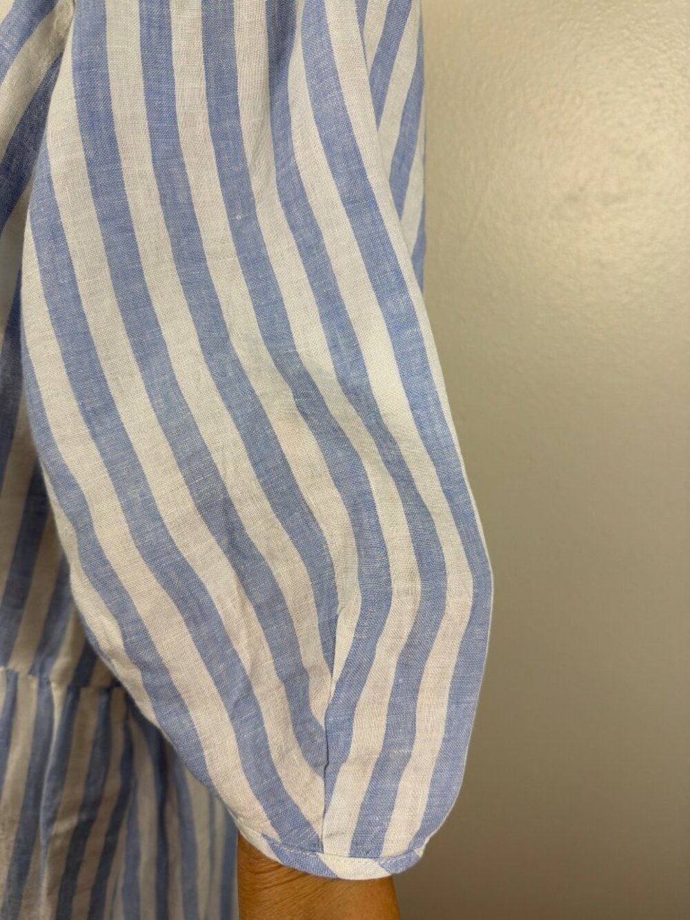 Everlane Linen Midi Dress Blue White Stripe Puff Sleeve Pockets L NWOT - Picture 8 of 16